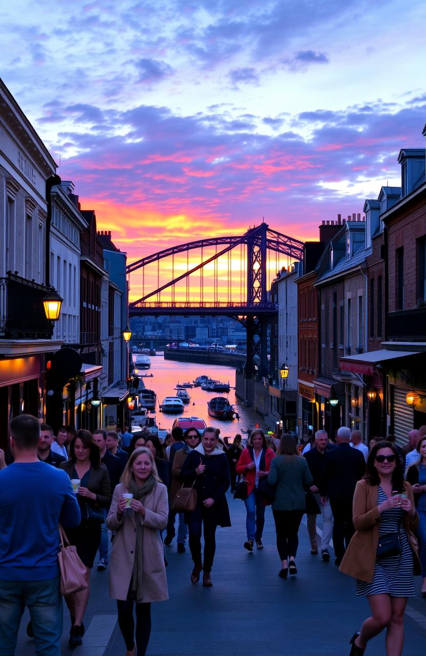 A vibrant street scene in Newcastle upon Tyne, showcasing the iconic Tyne Bridge against a backdrop of colorful sunset skies