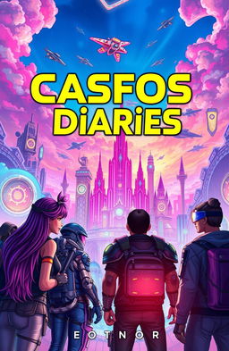 A vibrant and imaginative cover for the "CASFOS Diaries", featuring an abstract, futuristic cityscape with glowing neon lights and intricate architectural designs