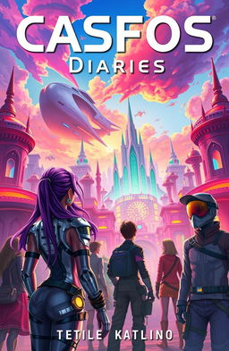 A vibrant and imaginative cover for the "CASFOS Diaries", featuring an abstract, futuristic cityscape with glowing neon lights and intricate architectural designs