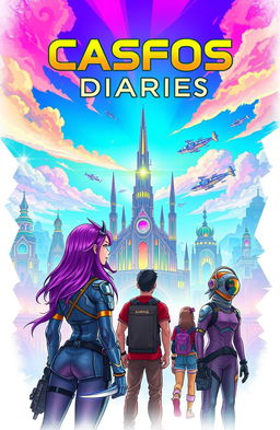 A vibrant and imaginative cover for the "CASFOS Diaries", featuring an abstract, futuristic cityscape with glowing neon lights and intricate architectural designs
