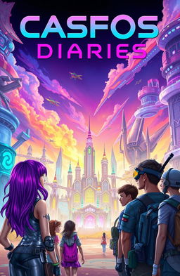 A vibrant and imaginative cover for the "CASFOS Diaries", featuring an abstract, futuristic cityscape with glowing neon lights and intricate architectural designs