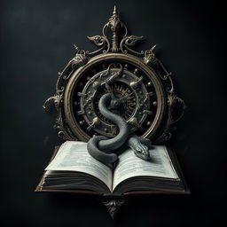 A mystical and surreal design featuring a damaged clock mechanism at the center, intricately cracked and weathered to symbolize the passage of time