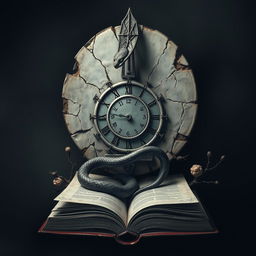 A mystical and surreal design featuring a damaged clock mechanism at the center, intricately cracked and weathered to symbolize the passage of time