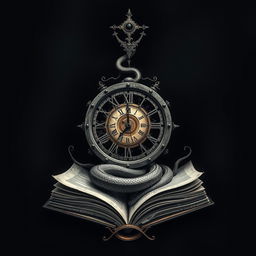A mystical and surreal design featuring a damaged clock mechanism at the center, intricately cracked and weathered to symbolize the passage of time