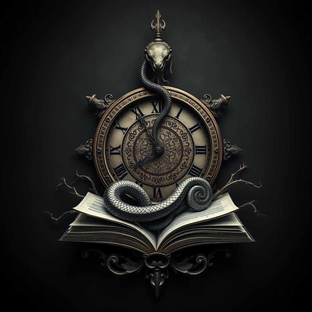 A mystical and surreal design featuring a damaged clock mechanism at the center, intricately cracked and weathered to symbolize the passage of time