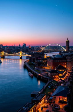 A breathtaking cityscape of Newcastle upon Tyne, showcasing the iconic Tyne Bridge and the Millennium Bridge lit up at night