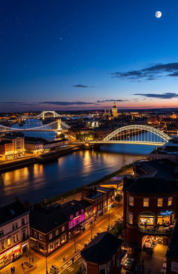 A breathtaking cityscape of Newcastle upon Tyne, showcasing the iconic Tyne Bridge and the Millennium Bridge lit up at night