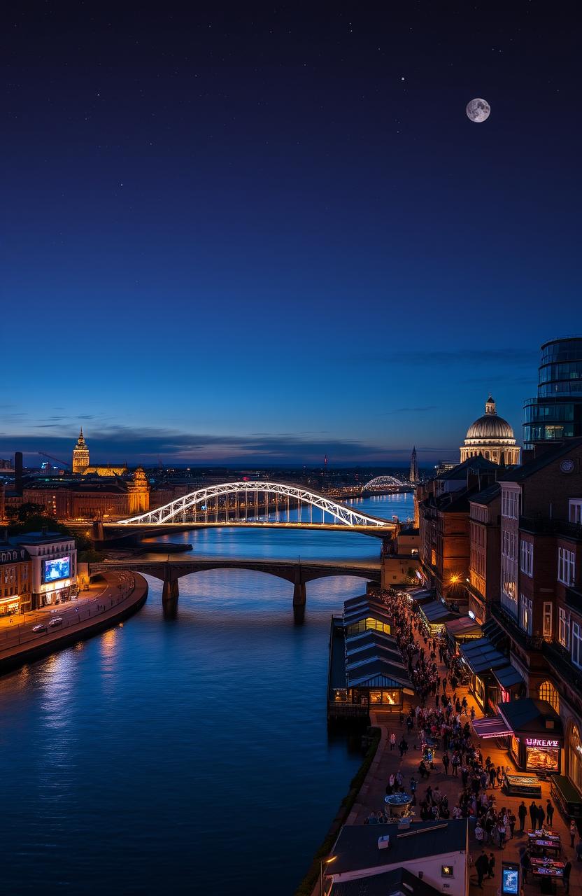 A breathtaking cityscape of Newcastle upon Tyne, showcasing the iconic Tyne Bridge and the Millennium Bridge lit up at night