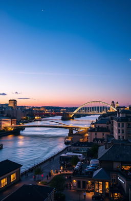 A breathtaking cityscape of Newcastle upon Tyne, showcasing the iconic Tyne Bridge and the Millennium Bridge lit up at night