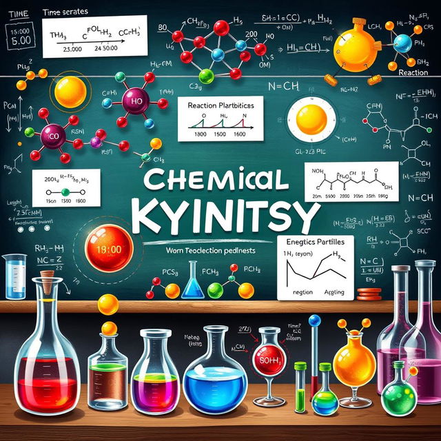 A detailed and visually engaging illustration that represents the concepts of chemical kinetics, thermodynamics, and organic chemistry