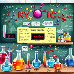 A detailed and visually engaging illustration that represents the concepts of chemical kinetics, thermodynamics, and organic chemistry