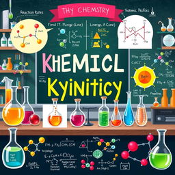 A detailed and visually engaging illustration that represents the concepts of chemical kinetics, thermodynamics, and organic chemistry
