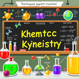 A detailed and visually engaging illustration that represents the concepts of chemical kinetics, thermodynamics, and organic chemistry