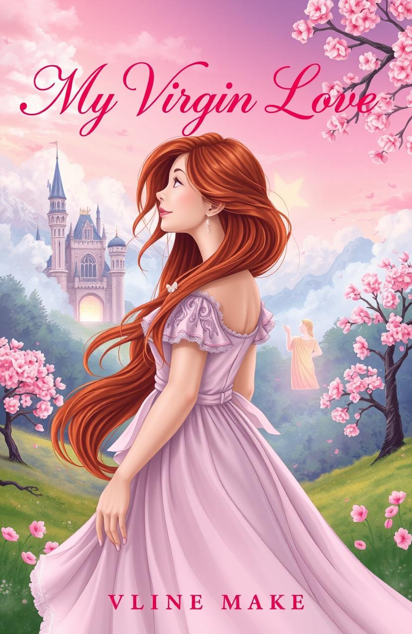 A beautifully illustrated fantasy book cover for "My Virgin Love" featuring the protagonist Virginia, a curious young woman with flowing auburn hair, dressed in a whimsical, vintage-style gown that hints at both modern and historical influences