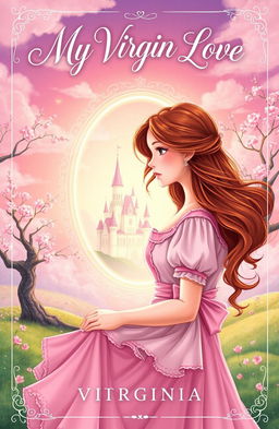 A beautifully illustrated fantasy book cover for "My Virgin Love" featuring the protagonist Virginia, a curious young woman with flowing auburn hair, dressed in a whimsical, vintage-style gown that hints at both modern and historical influences