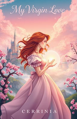 A beautifully illustrated fantasy book cover for "My Virgin Love" featuring the protagonist Virginia, a curious young woman with flowing auburn hair, dressed in a whimsical, vintage-style gown that hints at both modern and historical influences