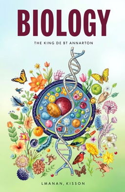 A captivating and colorful biology book cover that features an intricate illustration of a human cell, surrounded by vibrant depictions of diverse plants, animals, and microorganisms
