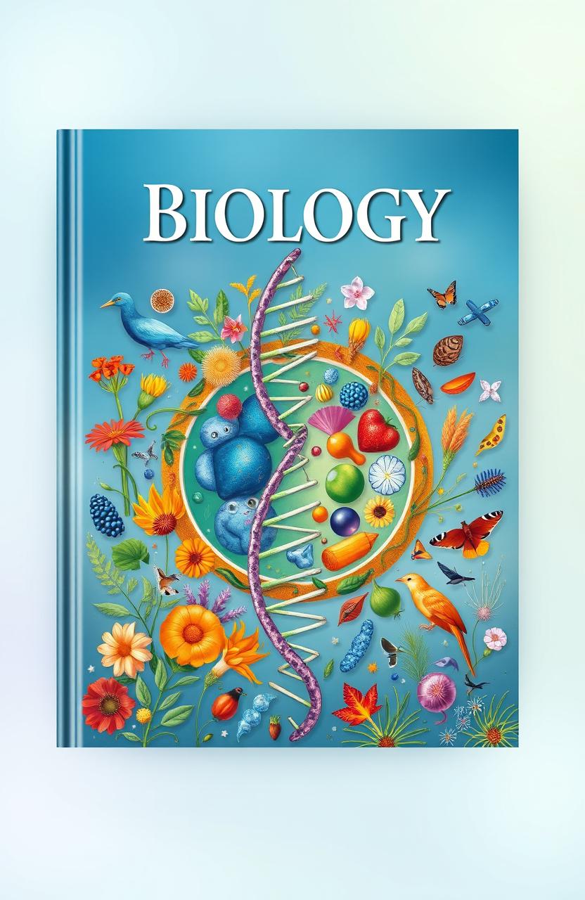A captivating and colorful biology book cover that features an intricate illustration of a human cell, surrounded by vibrant depictions of diverse plants, animals, and microorganisms