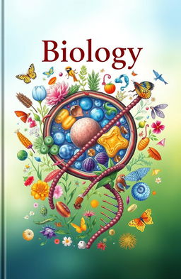 A captivating and colorful biology book cover that features an intricate illustration of a human cell, surrounded by vibrant depictions of diverse plants, animals, and microorganisms