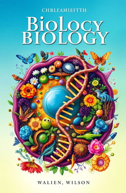 A captivating and colorful biology book cover that features an intricate illustration of a human cell, surrounded by vibrant depictions of diverse plants, animals, and microorganisms
