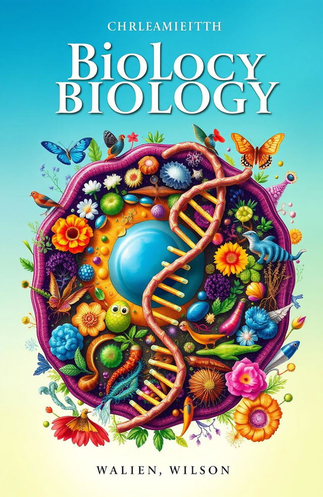 A captivating and colorful biology book cover that features an intricate illustration of a human cell, surrounded by vibrant depictions of diverse plants, animals, and microorganisms