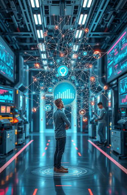 A futuristic and sleek depiction of artificial intelligence, featuring an intricate neural network design intertwined with glowing circuits, holographic displays showcasing data analysis and robotics