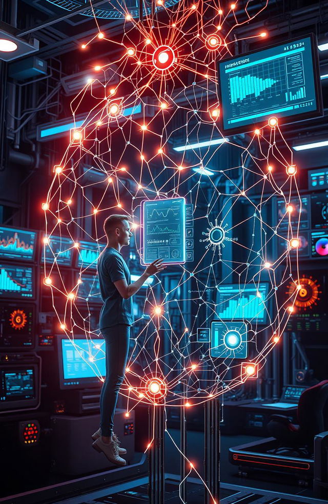 A futuristic and sleek depiction of artificial intelligence, featuring an intricate neural network design intertwined with glowing circuits, holographic displays showcasing data analysis and robotics