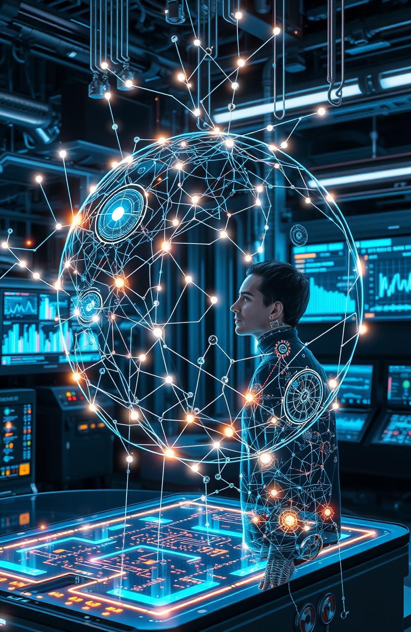 A futuristic and sleek depiction of artificial intelligence, featuring an intricate neural network design intertwined with glowing circuits, holographic displays showcasing data analysis and robotics