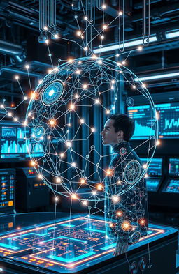 A futuristic and sleek depiction of artificial intelligence, featuring an intricate neural network design intertwined with glowing circuits, holographic displays showcasing data analysis and robotics