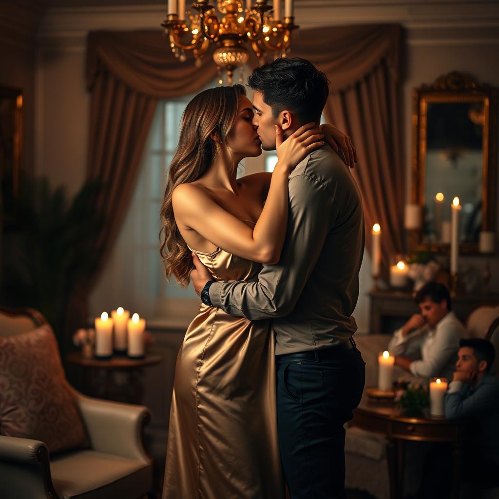 A sensual and intimate scene of a couple in an elegant room, softly lit by warm candlelight