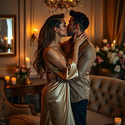 A sensual and intimate scene of a couple in an elegant room, softly lit by warm candlelight