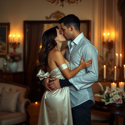 A sensual and intimate scene of a couple in an elegant room, softly lit by warm candlelight