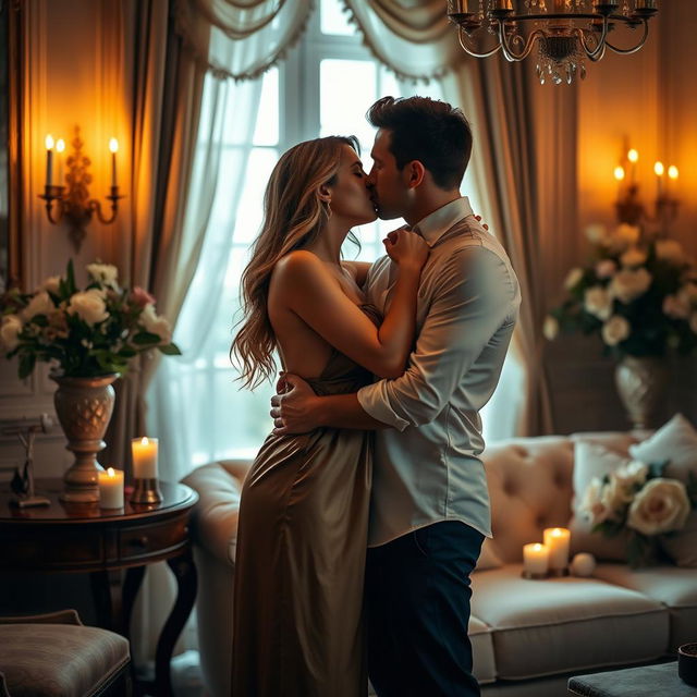 A sensual and intimate scene of a couple in an elegant room, softly lit by warm candlelight