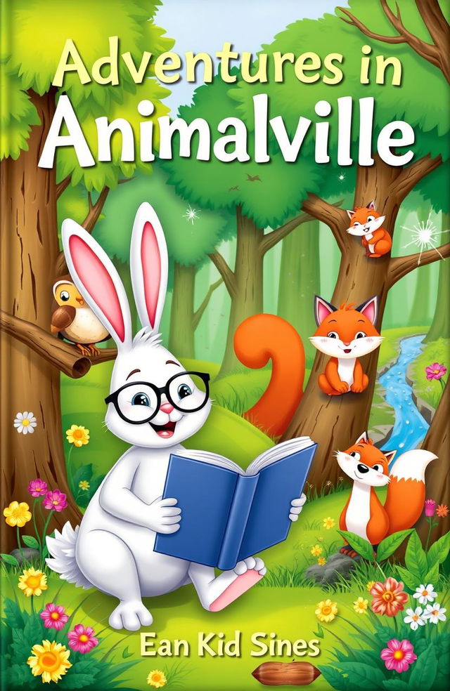 A whimsical storybook cover featuring a forest filled with happy animals