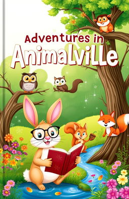 A whimsical storybook cover featuring a forest filled with happy animals