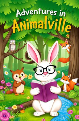 A whimsical storybook cover featuring a forest filled with happy animals
