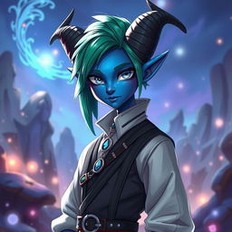 A striking blue tiefling character with vibrant green hair and mesmerizing grey eyes