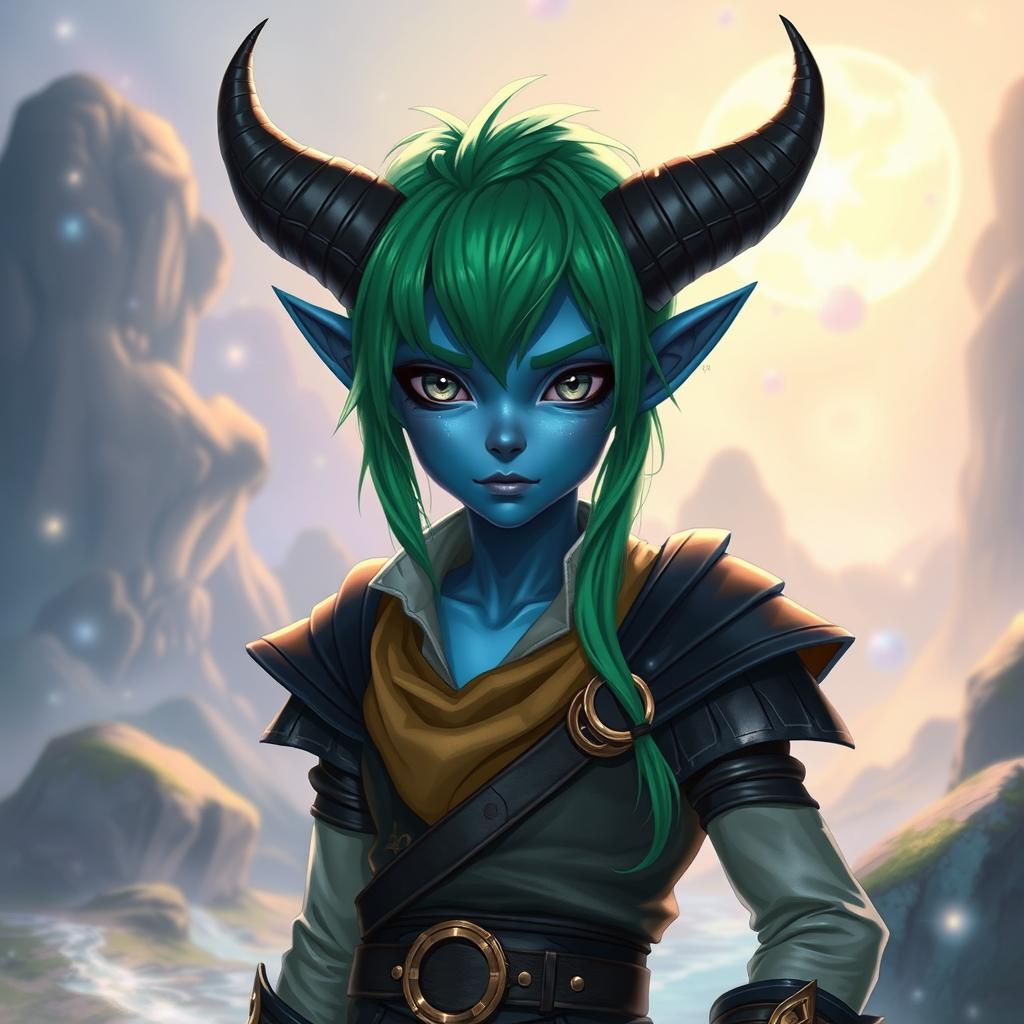 A striking blue tiefling character with vibrant green hair and mesmerizing grey eyes