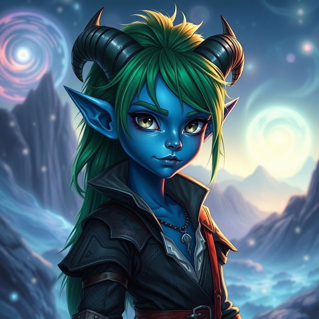 A striking blue tiefling character with vibrant green hair and mesmerizing grey eyes