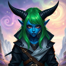 A striking blue tiefling character with vibrant green hair and mesmerizing grey eyes
