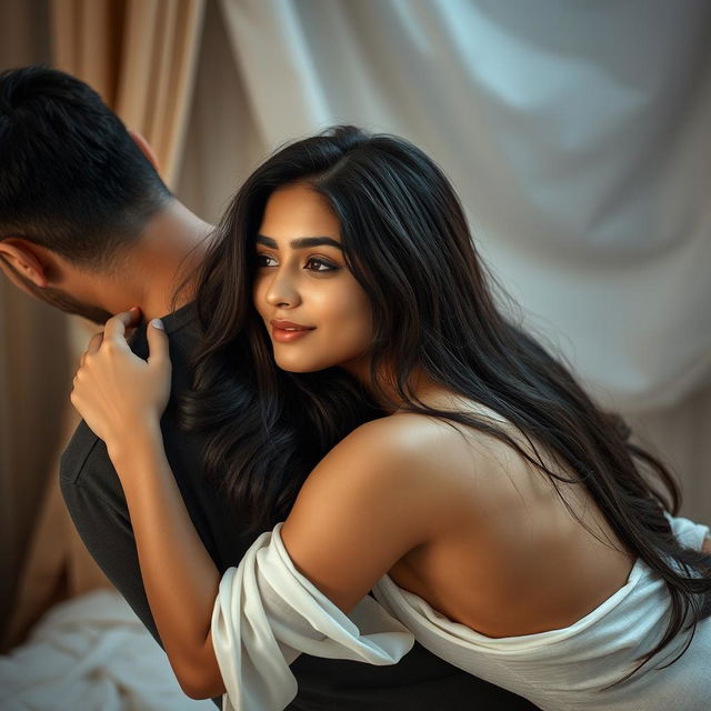 A stunning Indian brunette young woman, 18 years old, gracefully lying in the arms of a man holding her from behind