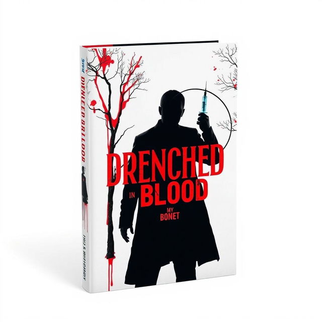 A captivating book cover featuring a stark white background with trees ominously drenched in vivid red blood