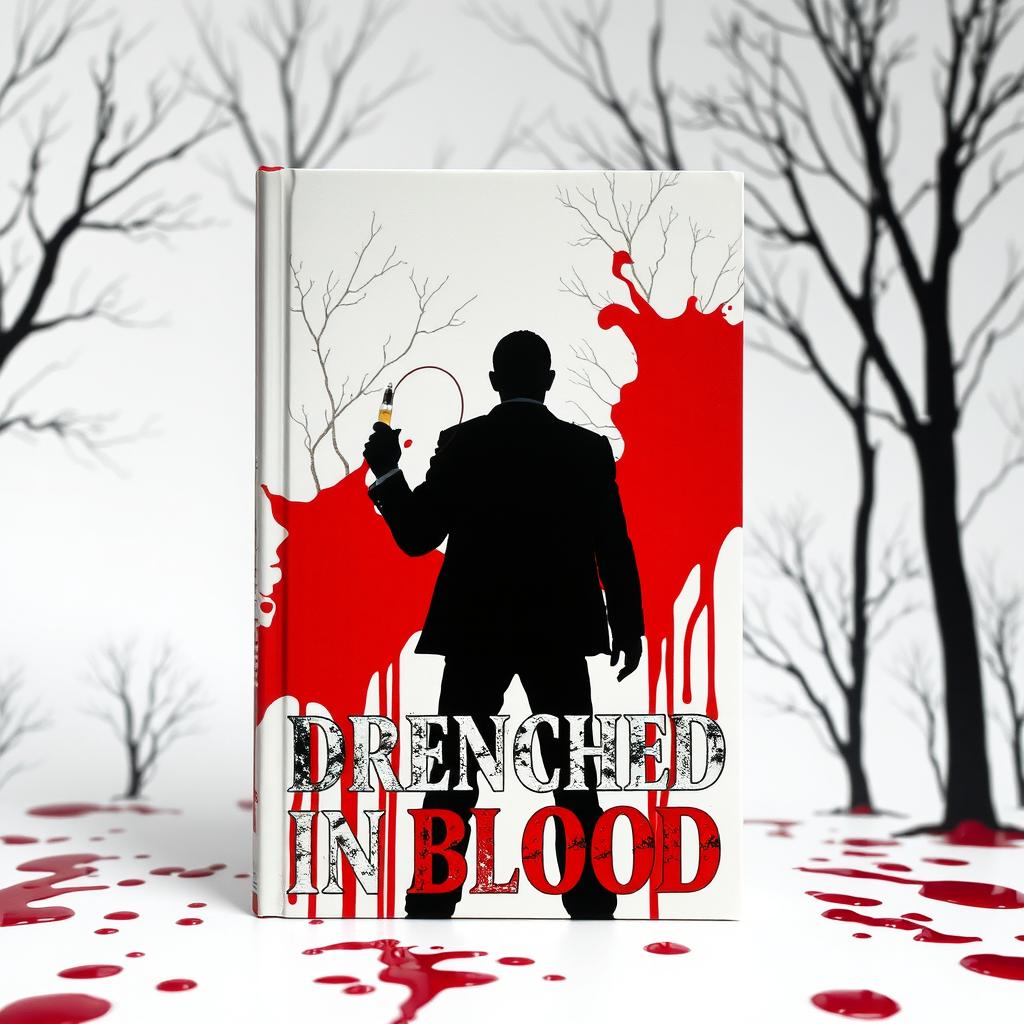 A captivating book cover featuring a stark white background with trees ominously drenched in vivid red blood