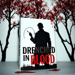 A captivating book cover featuring a stark white background with trees ominously drenched in vivid red blood