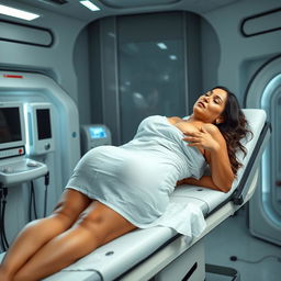 A full-body image of a beautiful 48-year-old mature woman (MILF) with Venezuelan features, curvaceous body, large breasts size 42DD, wide hips, a very slim waist, thick thighs, and firm, beautiful legs
