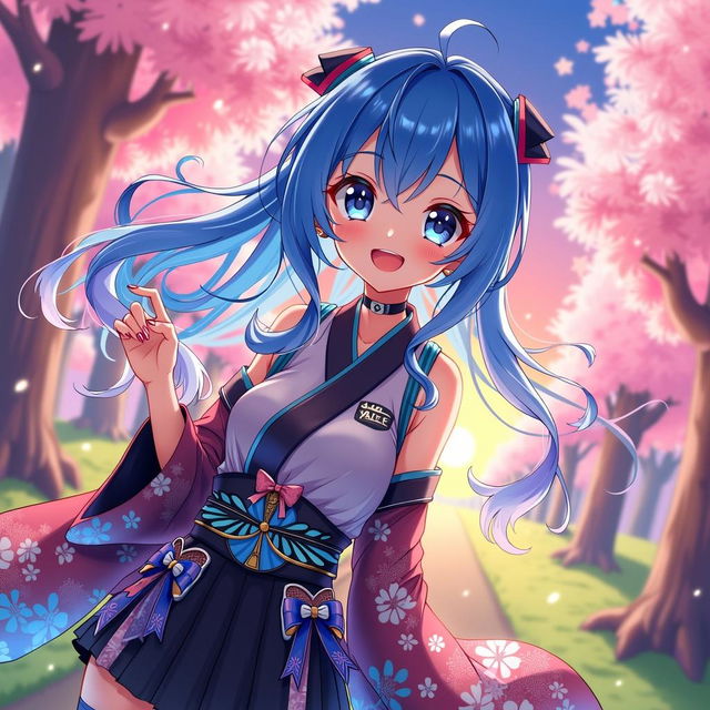 A vibrant digital artwork featuring a blue-haired anime girl, styled with large expressive eyes and a playful smile