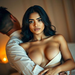A beautiful Indian brunette young woman, 18 years old, standing confidently with her bare chest exposed and sexy legs elegantly displayed