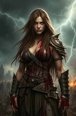 A surreal and dramatic depiction of a fierce, warrior woman standing tall, drenched in blood, showcasing a look of fierce determination