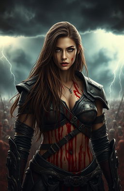 A surreal and dramatic depiction of a fierce, warrior woman standing tall, drenched in blood, showcasing a look of fierce determination