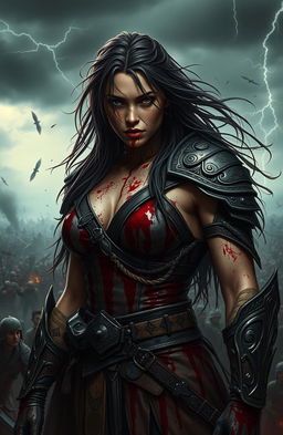 A surreal and dramatic depiction of a fierce, warrior woman standing tall, drenched in blood, showcasing a look of fierce determination